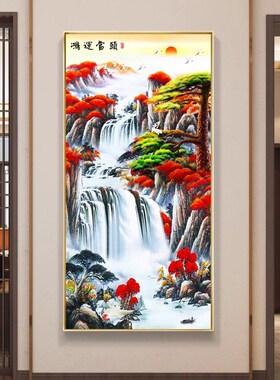 新中式玄关装饰画 高清山水壁画客厅挂画 拉丝金框装饰画 过道走