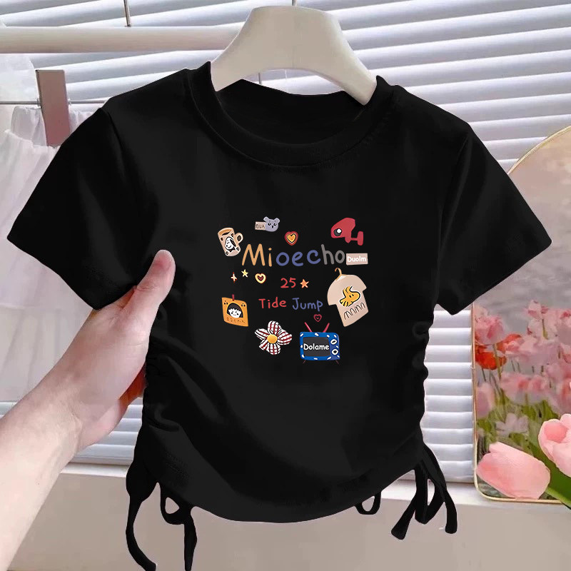 女童t恤短袖2025新款纯棉夏季装中大儿童高腰短款抽绳超好看上衣,淘宝优惠券,粉丝福利购,淘宝优惠卷