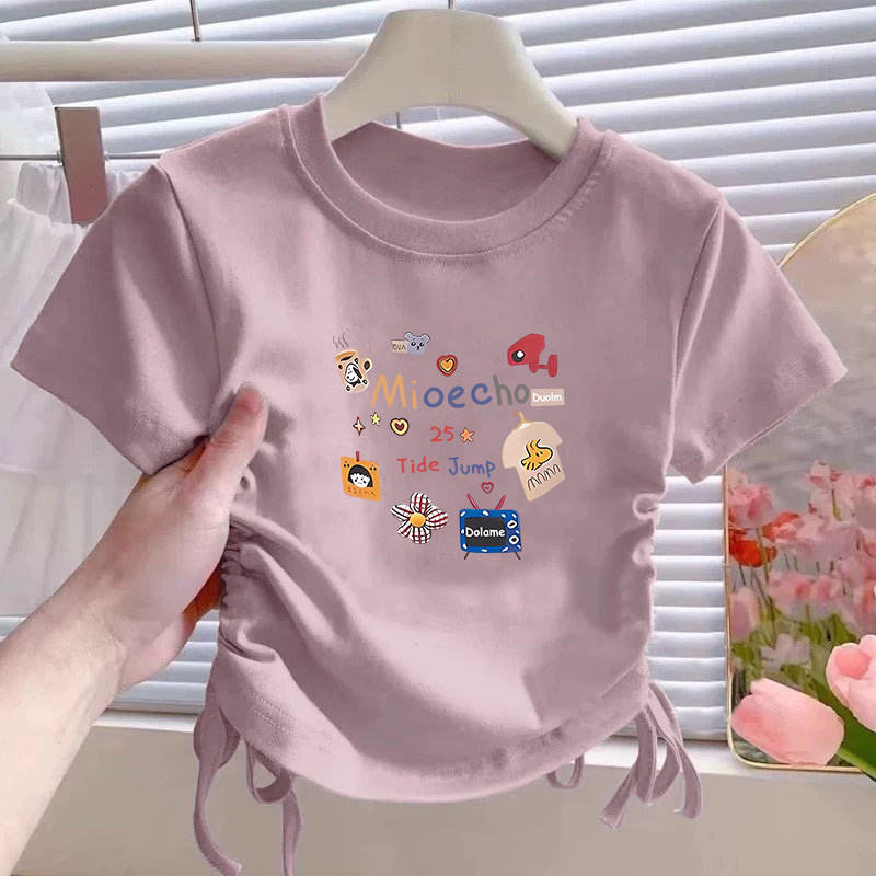 女童t恤短袖2025新款纯棉夏季装中大儿童高腰短款抽绳超好看上衣,淘宝优惠券,粉丝福利购,淘宝优惠卷