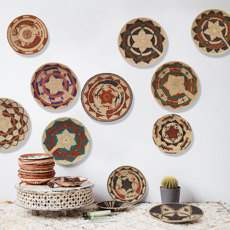 巴基斯坦盘子手工草编收纳篮杂物筐玄关背景墙装饰挂件圆形水果篮 - 图0