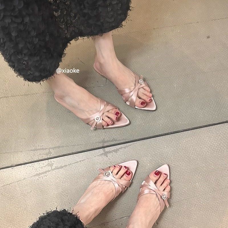 大码女鞋41一43胖脚宽肥法式尖头细跟拖鞋女交叉带气质小猫跟凉拖,淘宝优惠券,粉丝福利购,淘宝优惠卷