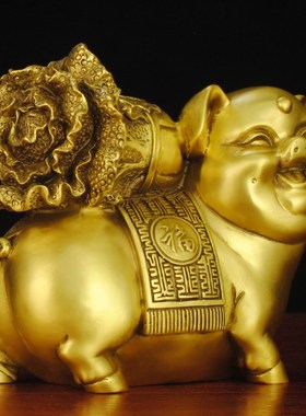 猪摆件纯铜金猪背白菜招财猪西北缺角生肖亥猪汽车装饰品客厅装饰