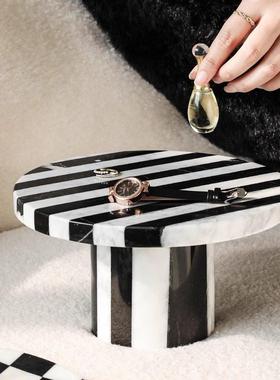 栖石 现代简约黑白条纹大理石果盘托盘装饰摆件软装样板间花器