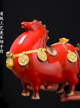 陶瓷马上有钱摆件红色招财马玄关摆设家居客厅办公室装饰工艺礼品