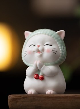 【许愿猫】可爱小猫摆件手工陶瓷家居装饰品卡通动物玄关桌面摆设