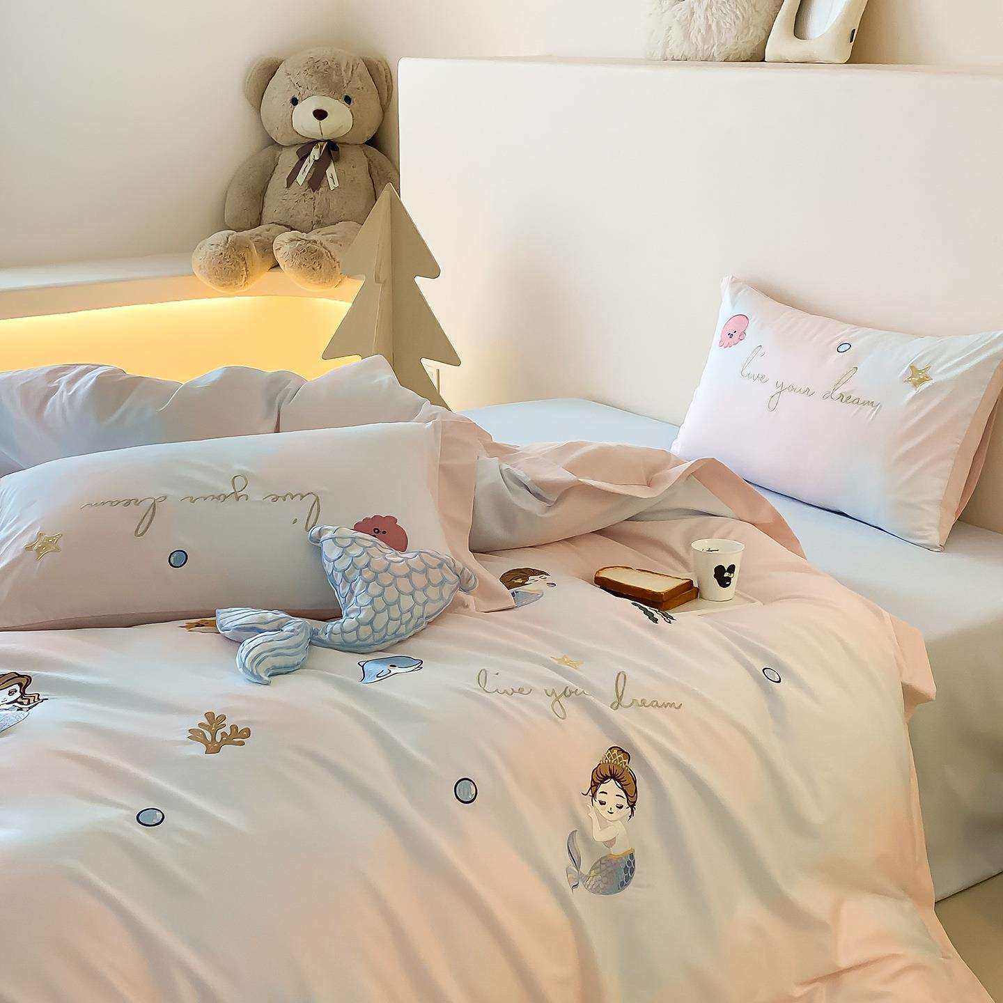 秋孩冬新品少女心美人鱼毛全棉瓷磨四件套儿童女575陶加厚床品三,淘宝优惠券,粉丝福利购,淘宝优惠卷
