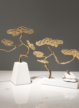 新中式禅意迎客松摆件别墅样板间博古架玄关大理石艺术摆设装饰品