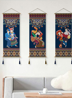 中式沙发背景墙挂画民族风民宿酒店壁画客厅装饰画布艺玄关挂画