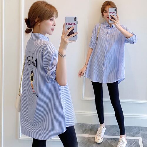 大码孕妇衬衫裙秋装套装中长款韩版宽松休闲条纹连衣裙减龄200斤 - 图0