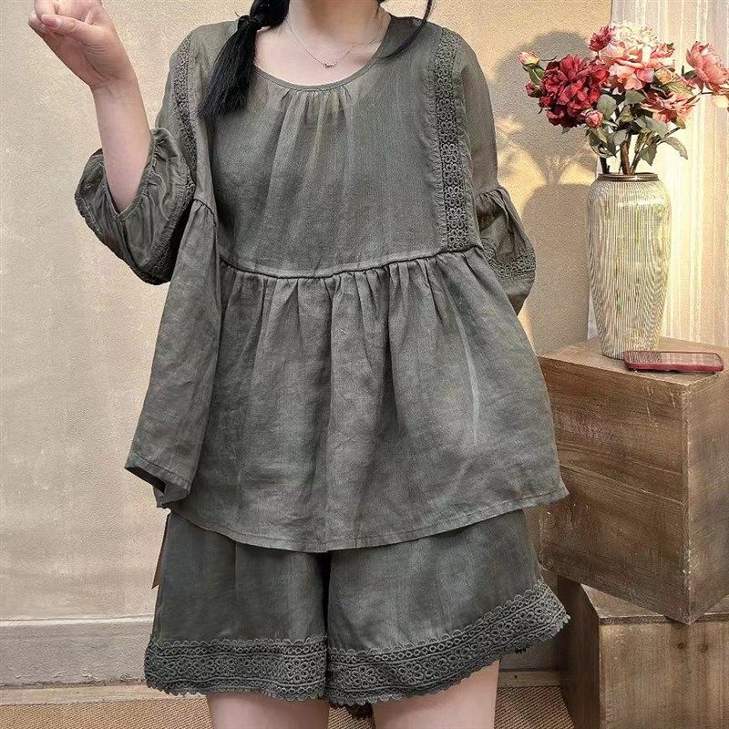 2024夏日系文艺轻薄苎麻清新小众设计减龄洋气娃娃款衬衫女套装,淘宝优惠券,粉丝福利购,淘宝优惠卷