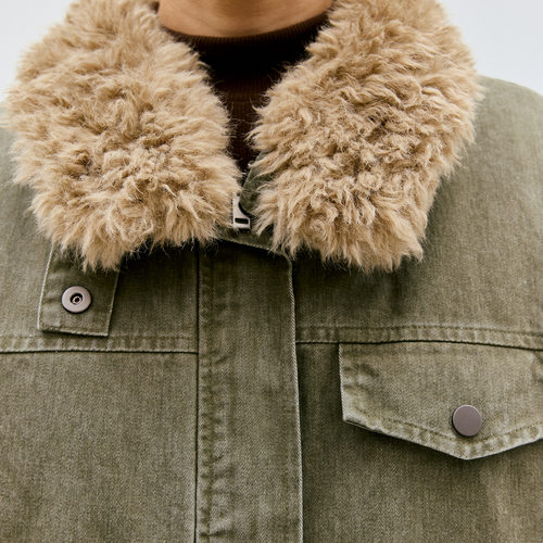 复古毛领毛袖口水洗做旧绿色夹克短款腰带外套 - 图1