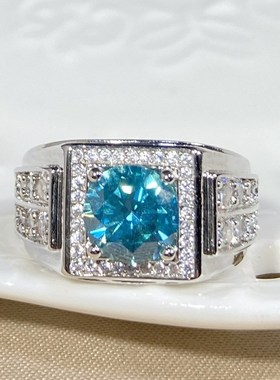 奢华开口镀PT950铂金八心八箭蓝绿锆石莫桑钻满钻男戒指