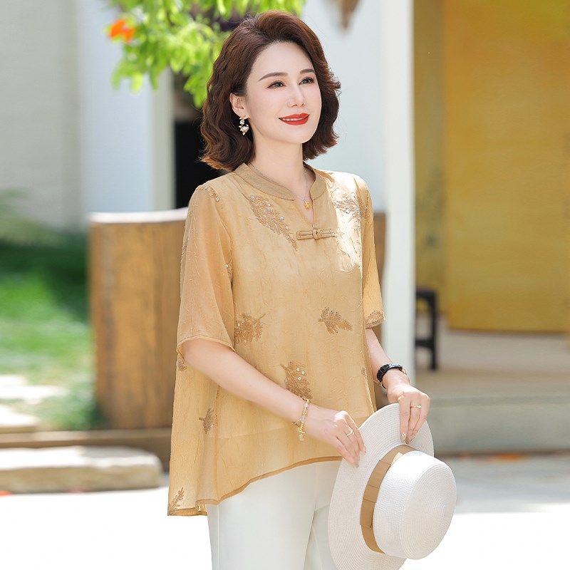 新中式妈妈夏装套装国风小衫2025新款中老年人夏季短袖雪纺上衣女,淘宝优惠券,粉丝福利购,淘宝优惠卷