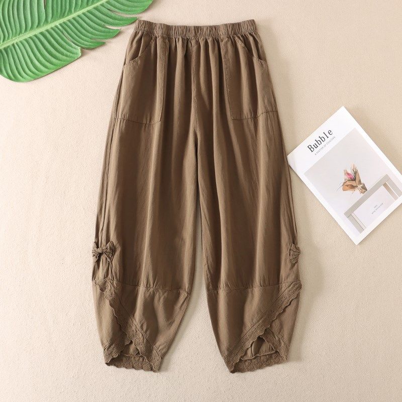 复古文艺宽松显瘦时尚蕾丝拼接休闲裤女夏季棉麻八分裤子 F34,淘宝优惠券,粉丝福利购,淘宝优惠卷