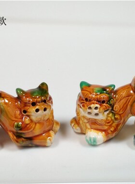 唐三彩陶瓷狮子吉祥工艺摆件仿古色釉对狮家居客厅园林装饰品