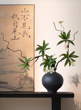 宅寂风中式黑色陶瓷花瓶摆件枯藤仿真花客厅玄关酒店餐桌名宿装饰
