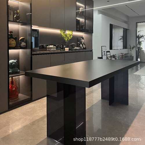 亚克力悬浮纯黑色岩板餐桌意式极简家用小户型长方形岛台餐桌椅 - 图3