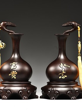 黑檀木雕装饰葫芦摆件花瓶实木客厅红木质家居中式雕刻送礼工艺品