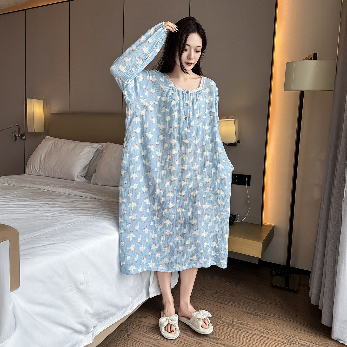 大码睡裙女纯棉长袖春秋季胖mm200斤胖妹妹妈妈孕妇双层纱布睡衣,淘宝优惠券,粉丝福利购,淘宝优惠卷