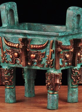 彩铜四足兽面方鼎摆件鼎盛千秋司母戊方鼎家居客厅酒柜玄关装饰品