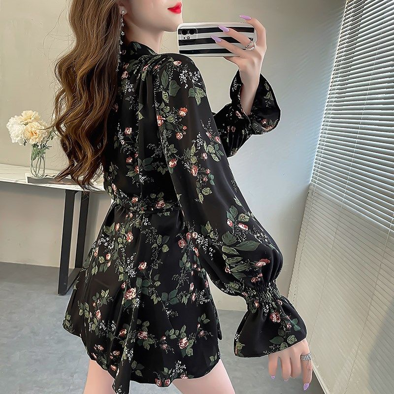 秋气质荷叶边法式碎花上衣系带中长款衬衫女遮屁股洋气喇叭袖衬衣,淘宝优惠券,粉丝福利购,淘宝优惠卷