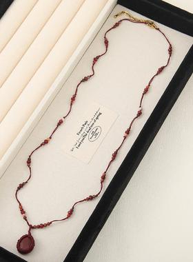 复古港风天然花红石红色长款项链
