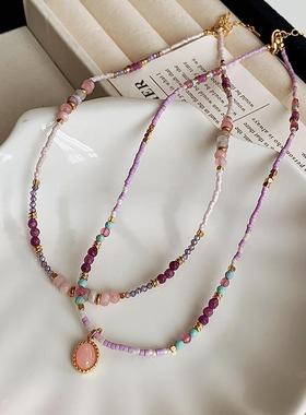 中古风彩色米珠天然石串珠毛衣链