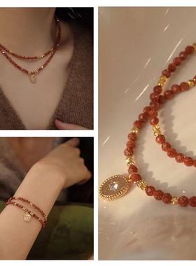 安克拉红显白金沙石串珠项链