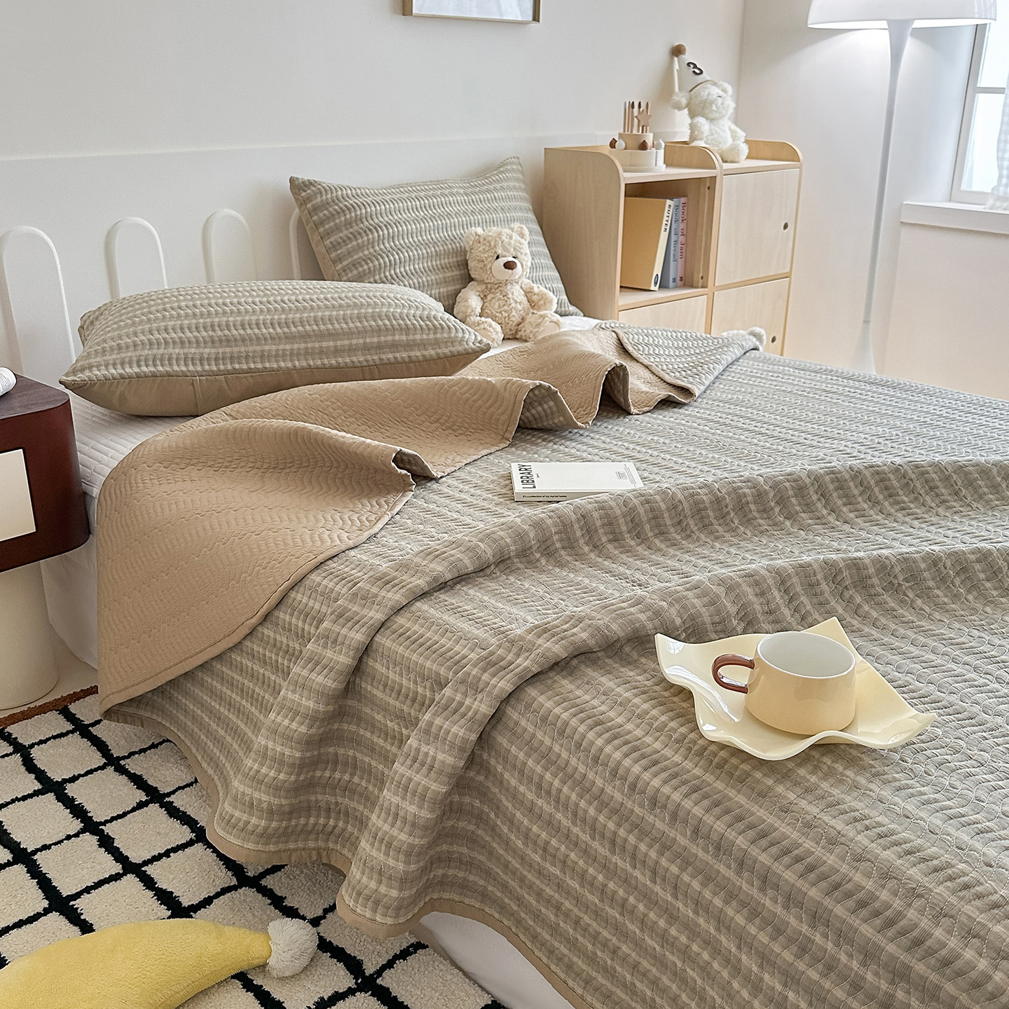 A类全棉水洗棉夹棉床盖单件格子轻奢简约风床盖床褥子三件套纯棉,淘宝优惠券,粉丝福利购,淘宝优惠卷