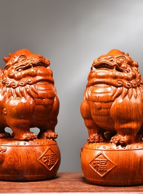 花梨木雕福貔貅摆件一对实木家居客厅新居乔迁办公装饰中式工艺品