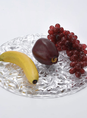 现代极简意式样板间客厅桌面摆件透明银色水波纹皱褶圆形玻璃托盘