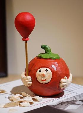 手工木雕可爱蘑菇娃娃举气球卡通办公室桌面治愈系装饰品小摆件女