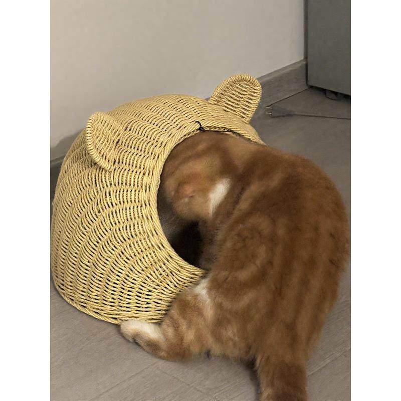 小熊耳朵圆形编织猫窝四季通用透气半封闭式安全感猫窝手工彷藤编,淘宝优惠券,粉丝福利购,淘宝优惠卷