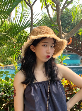 休闲!可折叠韩版大檐草帽女夏季出游海边沙滩帽子毛边百搭遮阳帽