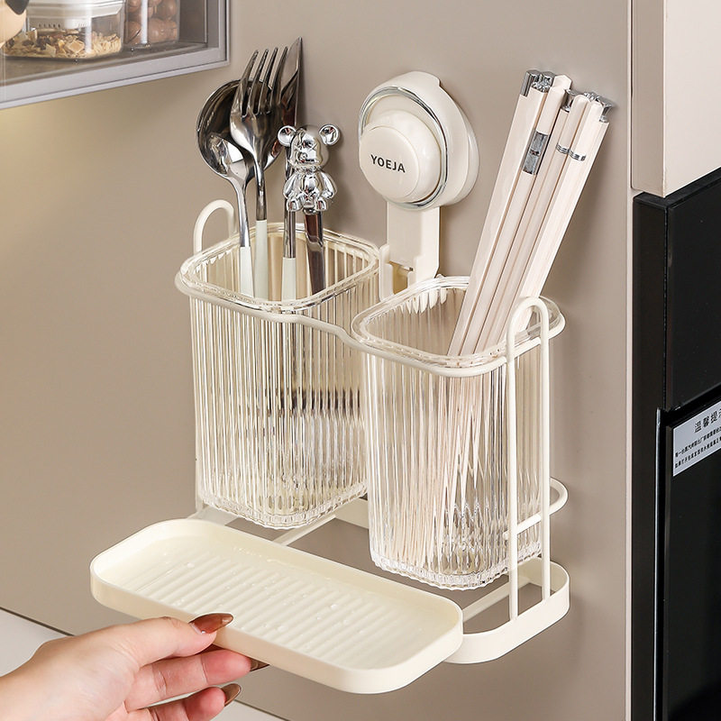 Suction cup chopstick barrel wall-mounted punch-free kitchen household high-end new spoon bucket storage box chopstick cage drain rack