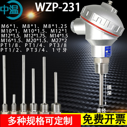 Pt100温度传感器WZP-231/230装配式固定螺纹电热偶Pt100铂热电阻 - 图0