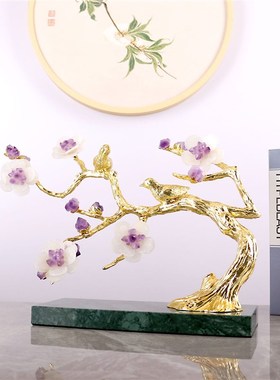新中式紫晶花喜上枝头摆件大理石底座客厅玄关卧室家居软装饰品