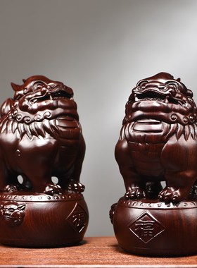 黑檀木雕福貔貅摆件一对实木家居客厅新居乔迁办公装饰中式工艺品