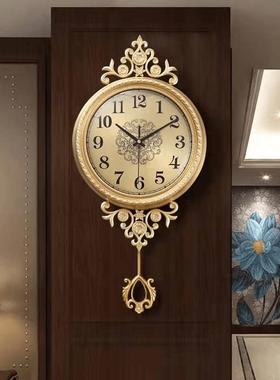 全铜欧式奢华挂钟带摆锤静音机芯复古美式机械钟表轻奢室内