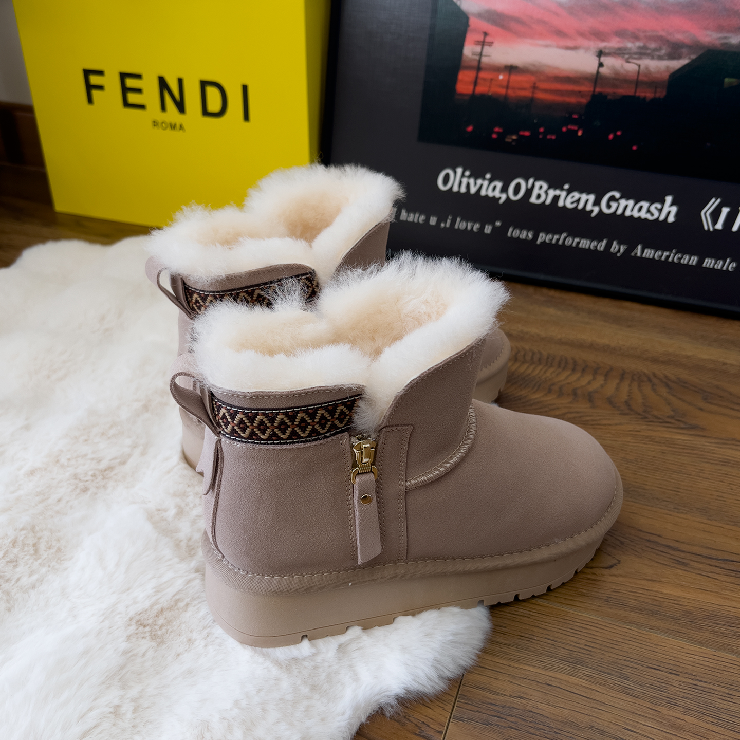 全羊毛雪地靴女短筒测拉链厚底羊毛靴防滑皮毛一体靴加厚保暖棉鞋 - 图0