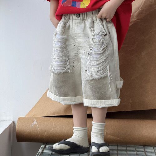 时髦~男童破洞牛仔短款夏季薄款儿童渐变宽松五分裤洋气裤子中裤 - 图0