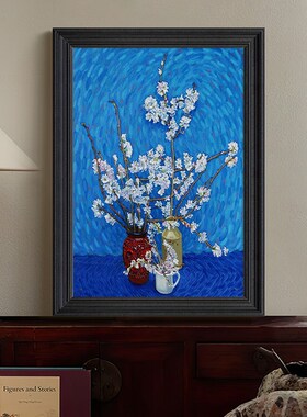 新中式复古花瓶摆件高级感手绘油画客厅玄关蓝色系装饰品花卉挂画