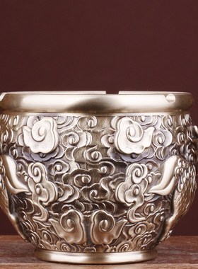 速发雕刻麒麟款铜缸摆件 铜厅宝盆祥客款铜缸 黄铜烟灰缸云聚装饰