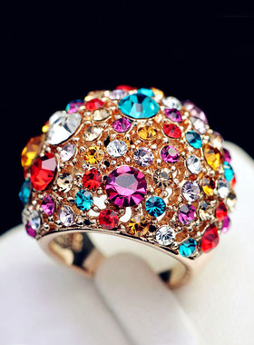 奢华满钻彩色水钻夸n张装饰戒指 热情度假宽款个性夜店 超闪水晶