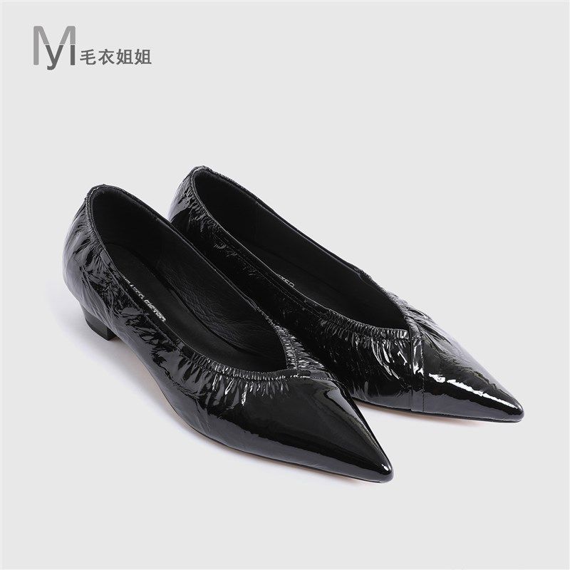 毛衣姐姐 简约时尚褶漆皮浅口尖头粗跟单鞋女25-610,淘宝优惠券,粉丝福利购,淘宝优惠卷