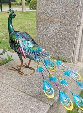 外贸欧美户外庭院别墅动物太阳能灯发光落地花园装饰摆件铁艺孔雀