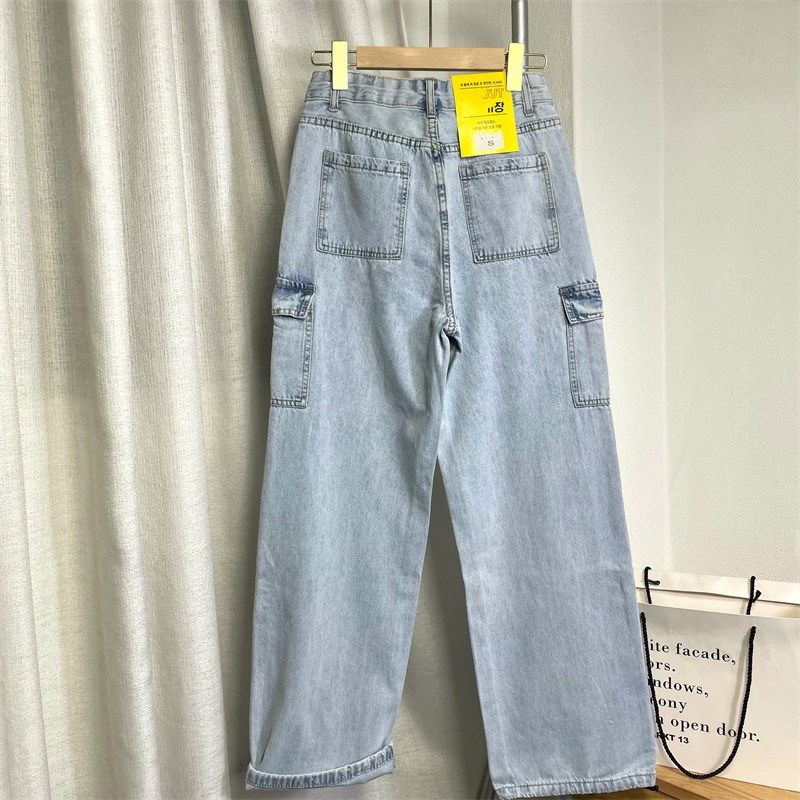 韩单~帅气BF工装风 复古水洗浅蓝色高腰多口袋阔腿直筒牛仔裤女,淘宝优惠券,粉丝福利购,淘宝优惠卷