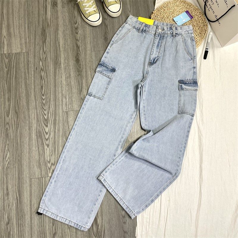 韩单~帅气BF工装风 复古水洗浅蓝色高腰多口袋阔腿直筒牛仔裤女,淘宝优惠券,粉丝福利购,淘宝优惠卷