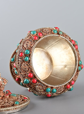 速发尼泊手品工掐丝米罐藏传用尔佛镶嵌宝石宝瓶用品供具米罐