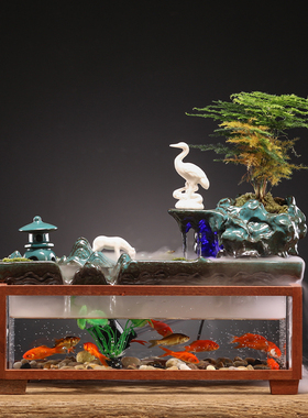 速发摆件造景灯圈流水加湿器新养式中鱼鱼缸客厅办公室玄景招财微